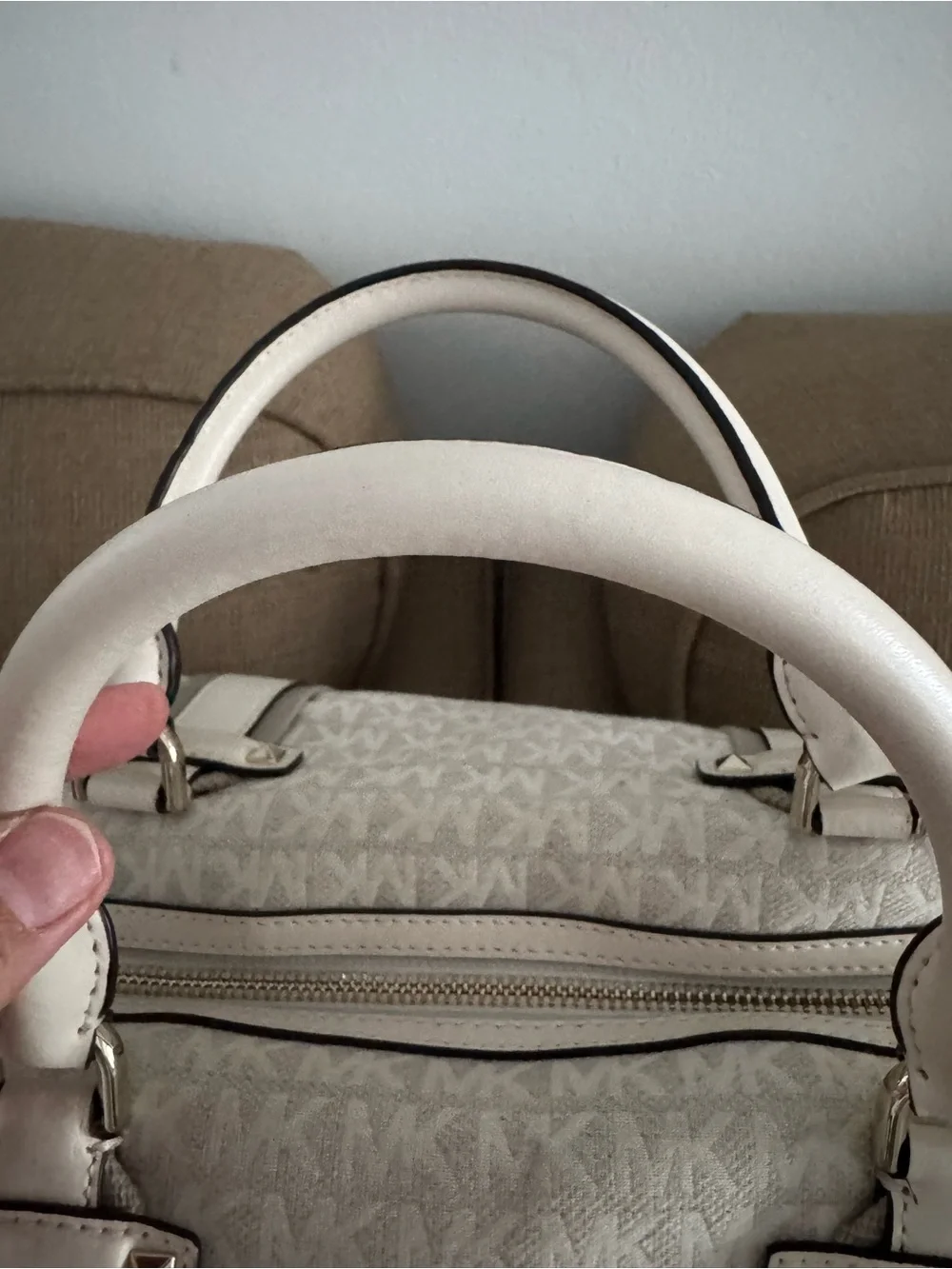 Michael Kors Cream Monogram Satchel with Gold Hardware